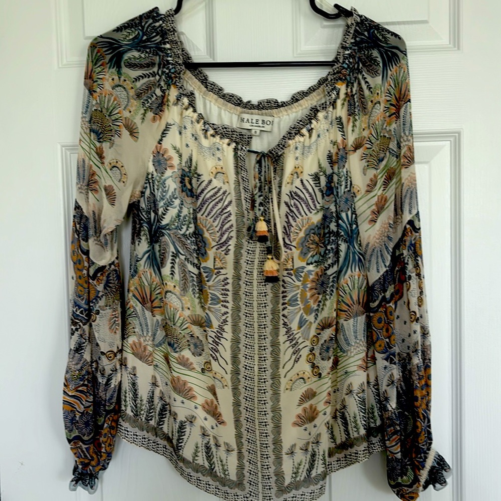 HALE BOB Dressy blouse size S.  Tan, Grey, green